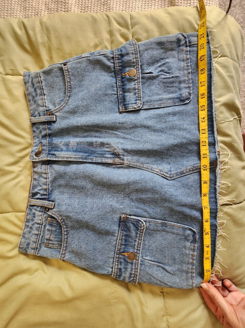 Size L, "Blu Pepper", Light Blue Denim Mini Skirt with Front Pockets